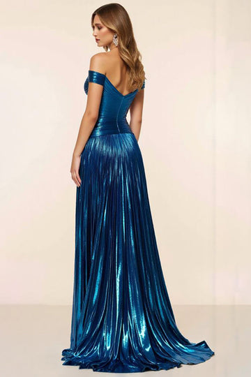Épaule dénudée plissée bleu paon Robe de bal une ligne